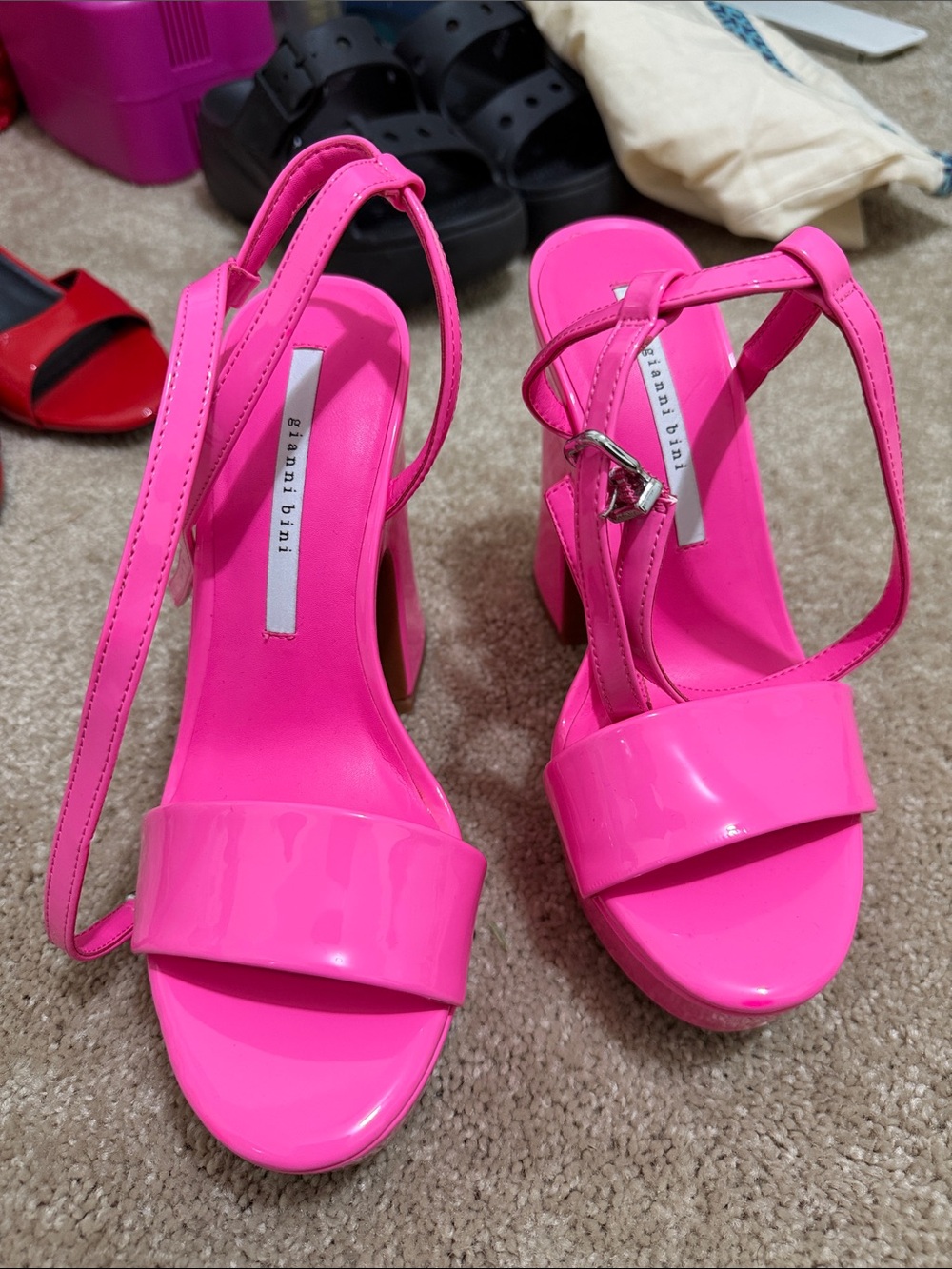 Gianni Bini Neon Pink Patent Block Heel Sandals